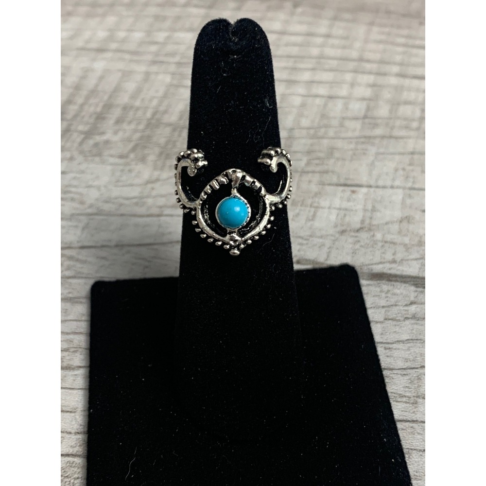 Boho Silver Tone Turquoise Cabochon Scrollwork Statement Ring Size 6.5